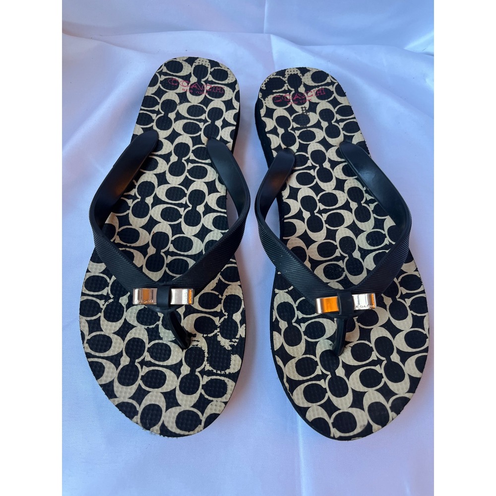 Coach Flip Flops Amel Signature Monogram Black w Cream Print w Metallic Gold Bow